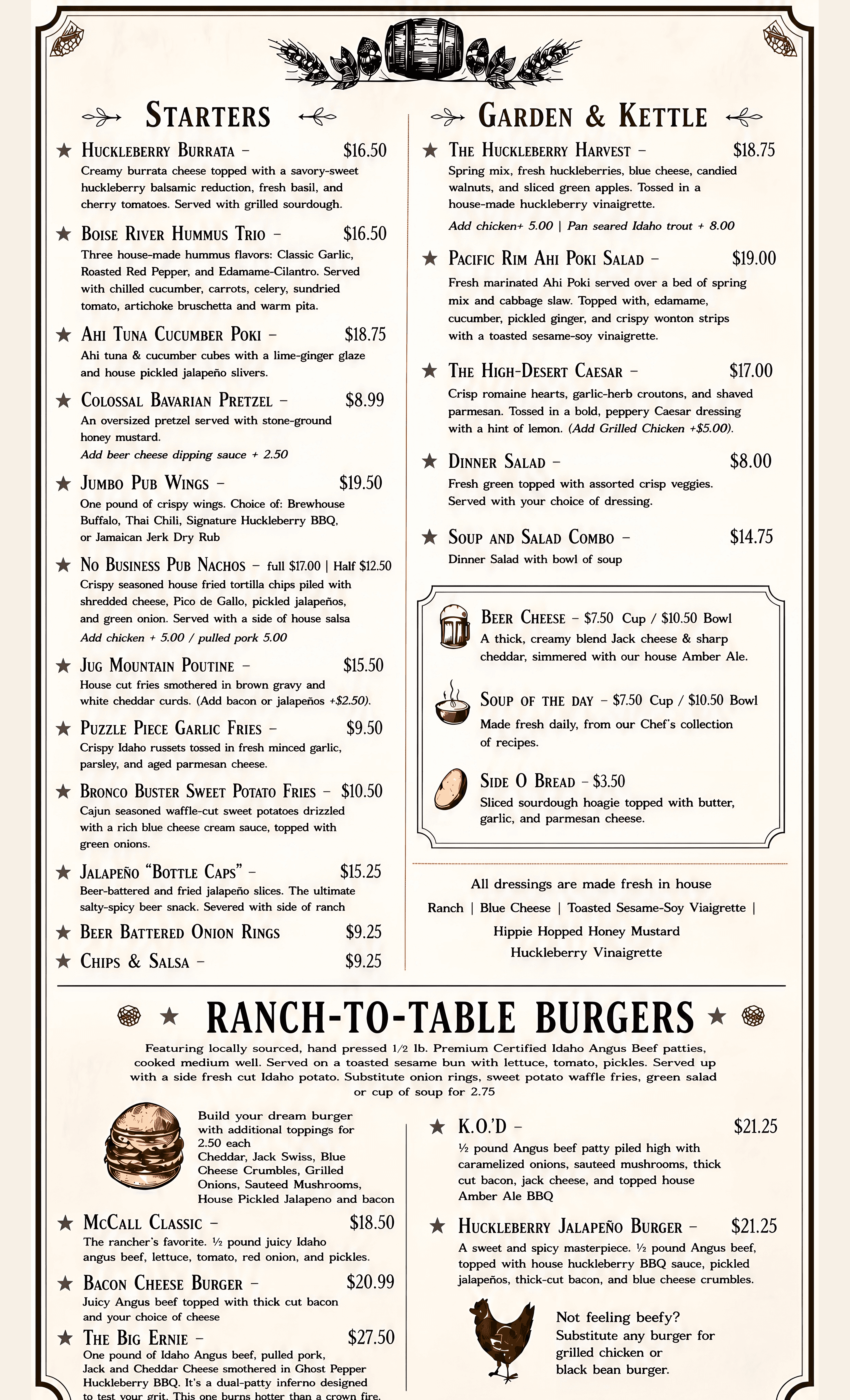 Taproom menu page 1 — starters, garden and kettle, ranch-to-table burgers