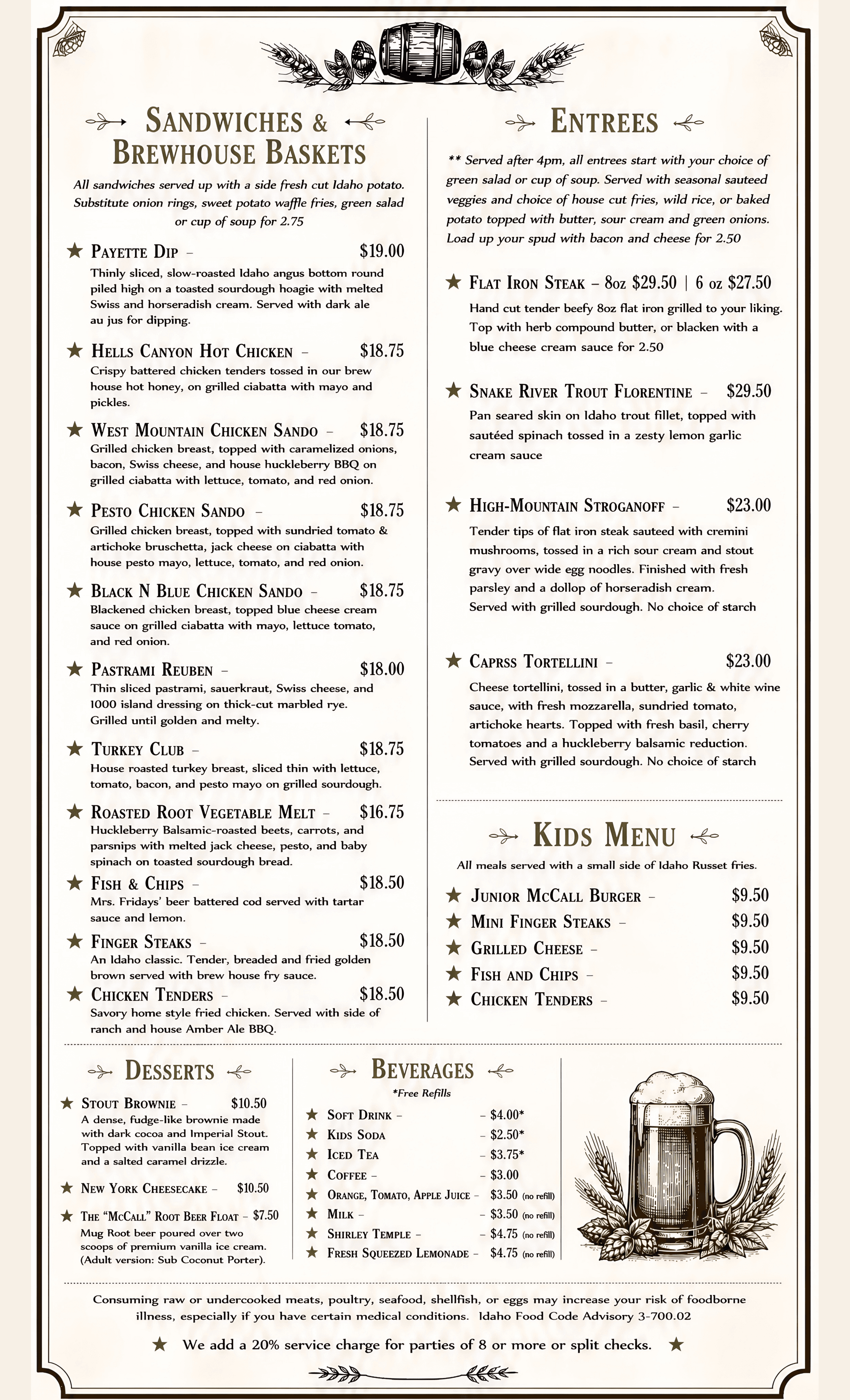 Taproom menu page 2 — sandwiches, entrees, kids menu, desserts, beverages