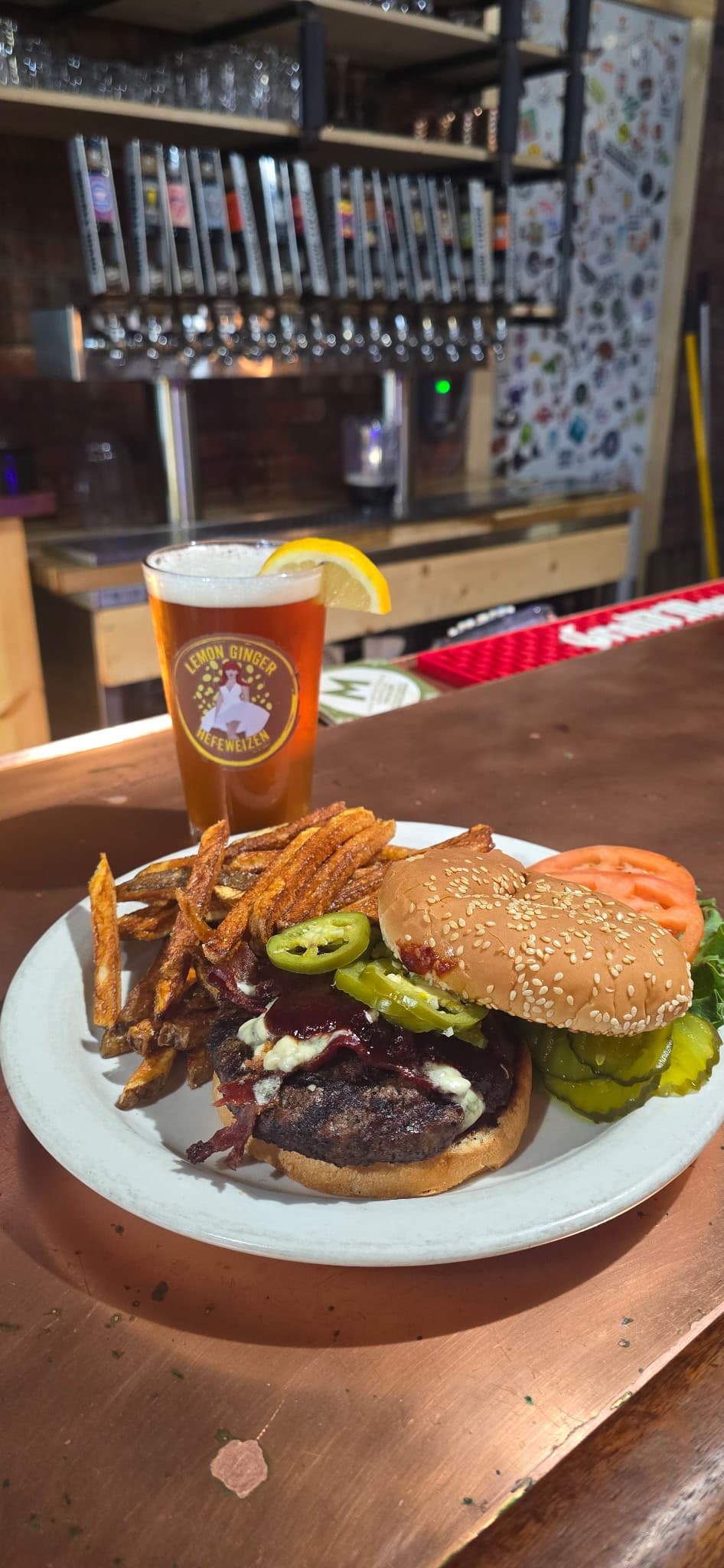 Jalapeño burger with fries and Lemon Ginger Hefeweizen